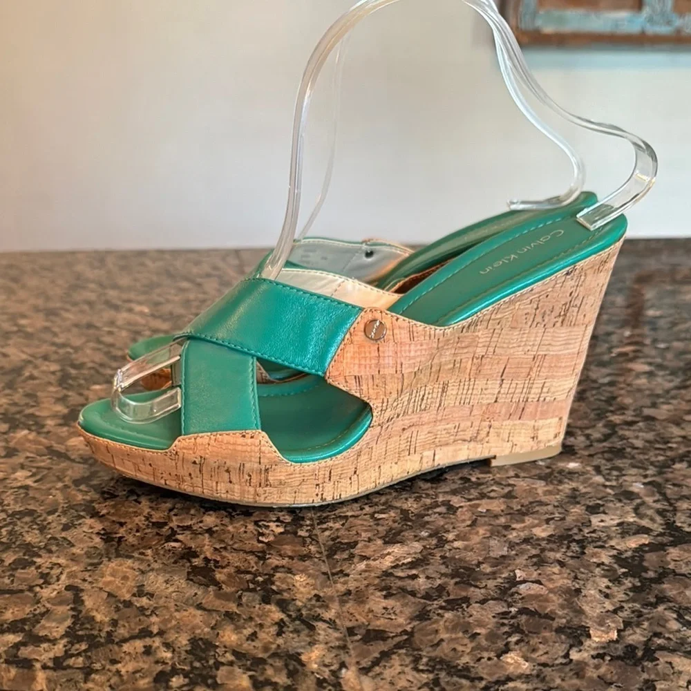 Calvin Klien teal cork Wedges NWOT 9M